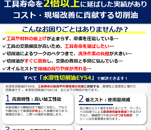 工具寿命を2倍以上に延ばした実績があり コスト・現場改善に貢献する切削油