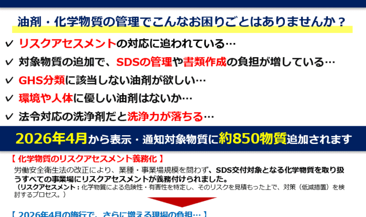 4月から約850物質が追加 リスクアセスメントの負担は 適切な油剤の変更で軽減できます！